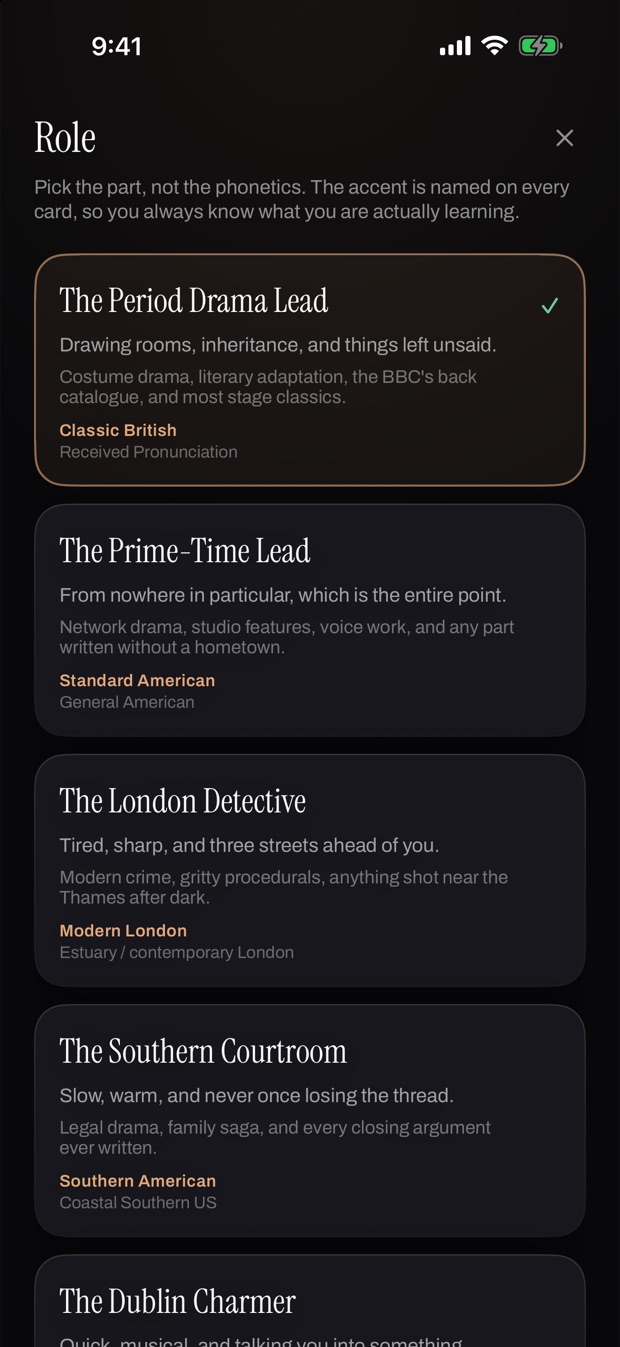 Accentric in dark mode, showing the same list of accents to choose from.