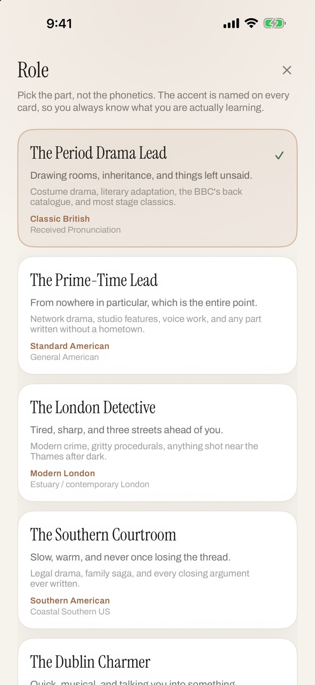 Accentric on iPhone, showing the list of parts to pick: The Period Drama Lead, The Prime-Time Lead, The London Detective, The Dublin Charmer and The Southern Courtroom.